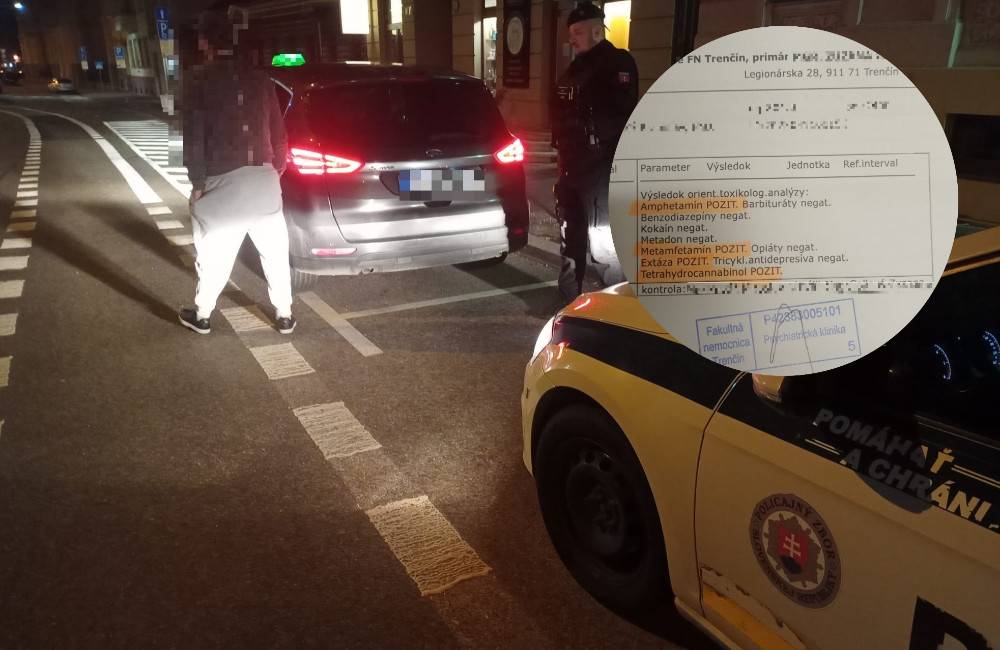 Foto: Taxikárovi v Trenčíne nestačili „energeťáky“, v sebe mal amfetamín, metamfetamín, extázu aj THC