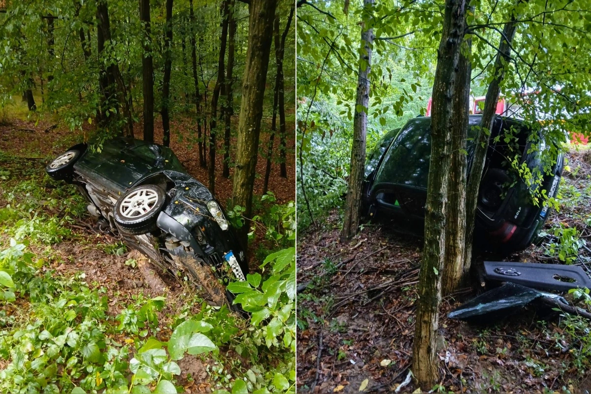 FOTO: Pri Ješkovej Vsi sa stala vážna nehoda. Vodič vyletel z cesty a skončil prevrátený na boku v neďalekom lese