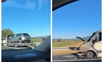 VIDEO: Na diaľnici D1 v smere do Trenčína horela dodávka, na prívesnom vozíku prepravovala osobné auto
