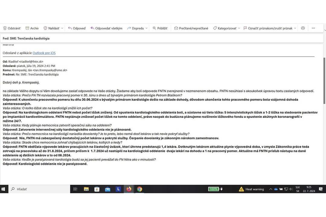 FOTO: Fakultná nemocnica v Trenčíne zverejnila komunikáciu s novinárom Denníka Sme, foto 1