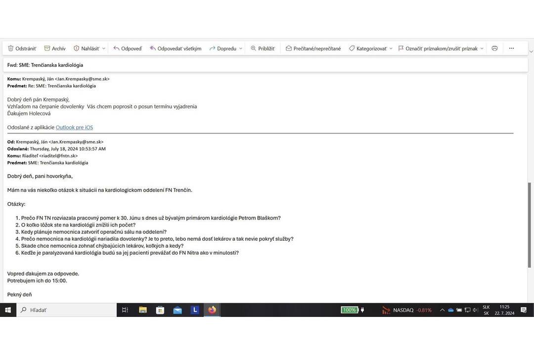 FOTO: Fakultná nemocnica v Trenčíne zverejnila komunikáciu s novinárom Denníka Sme, foto 2