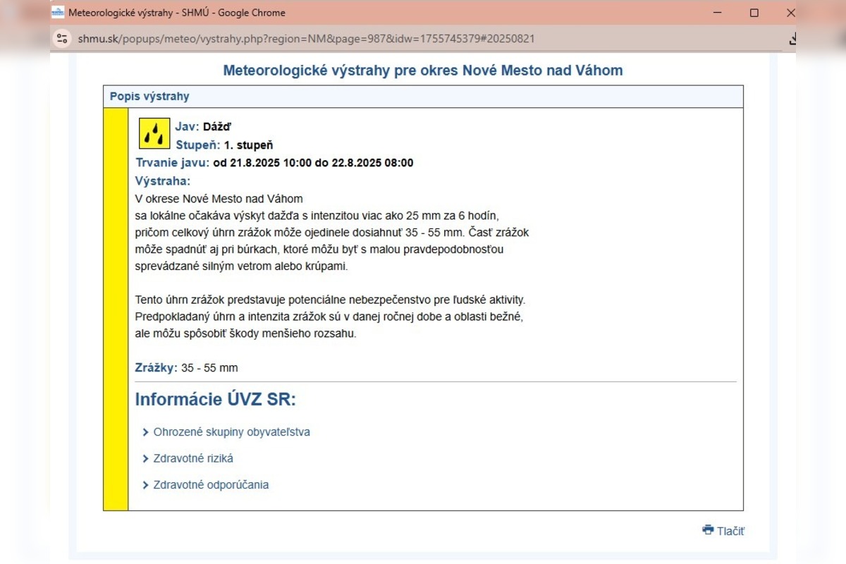 FOTO: Pozor na počasie, v okresoch Trenčianskeho kraja môže spadnúť až 55 mm zrážok, foto 1