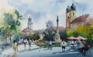 FOTO: Obraz zachytáva krásny akvarel Mierového námestia v Trenčíne