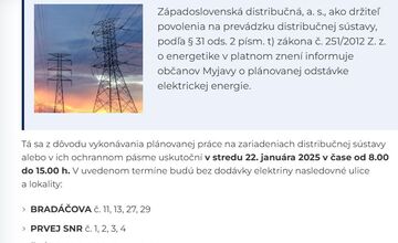 FOTO: V januári čaká Myjavčanov odstávky elektriny