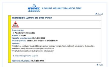 FOTO: Aj dnes hrozia v Trenčianskom kraji mimoriadne intenzívne dažde, dokonca aj povodne 