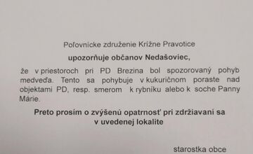 FOTO: Starostka Nedašoviec pri Bánovciach nad Bebravou upozorňuje na pohyb medveďa 